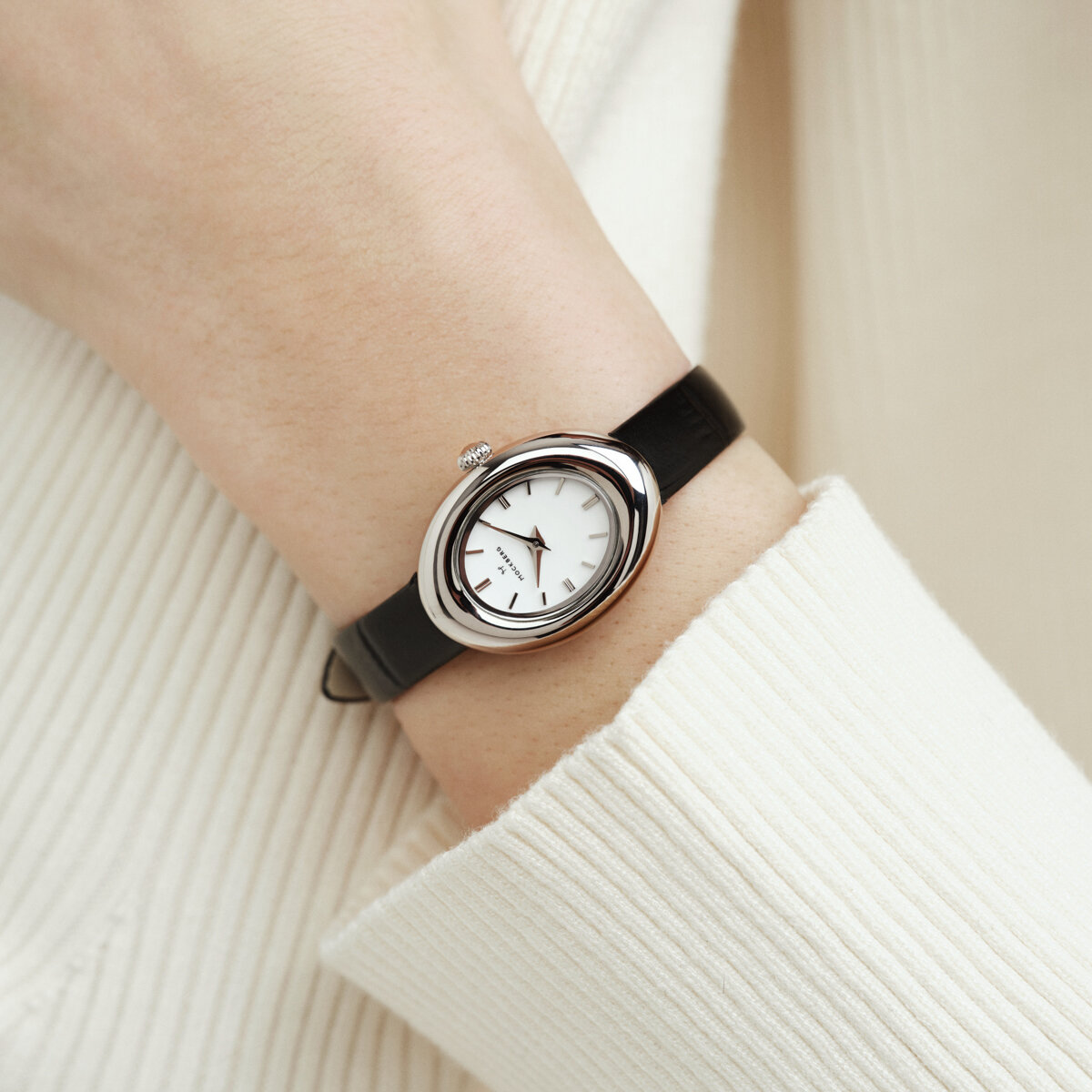 Belle Oval Leather Steel Watch
