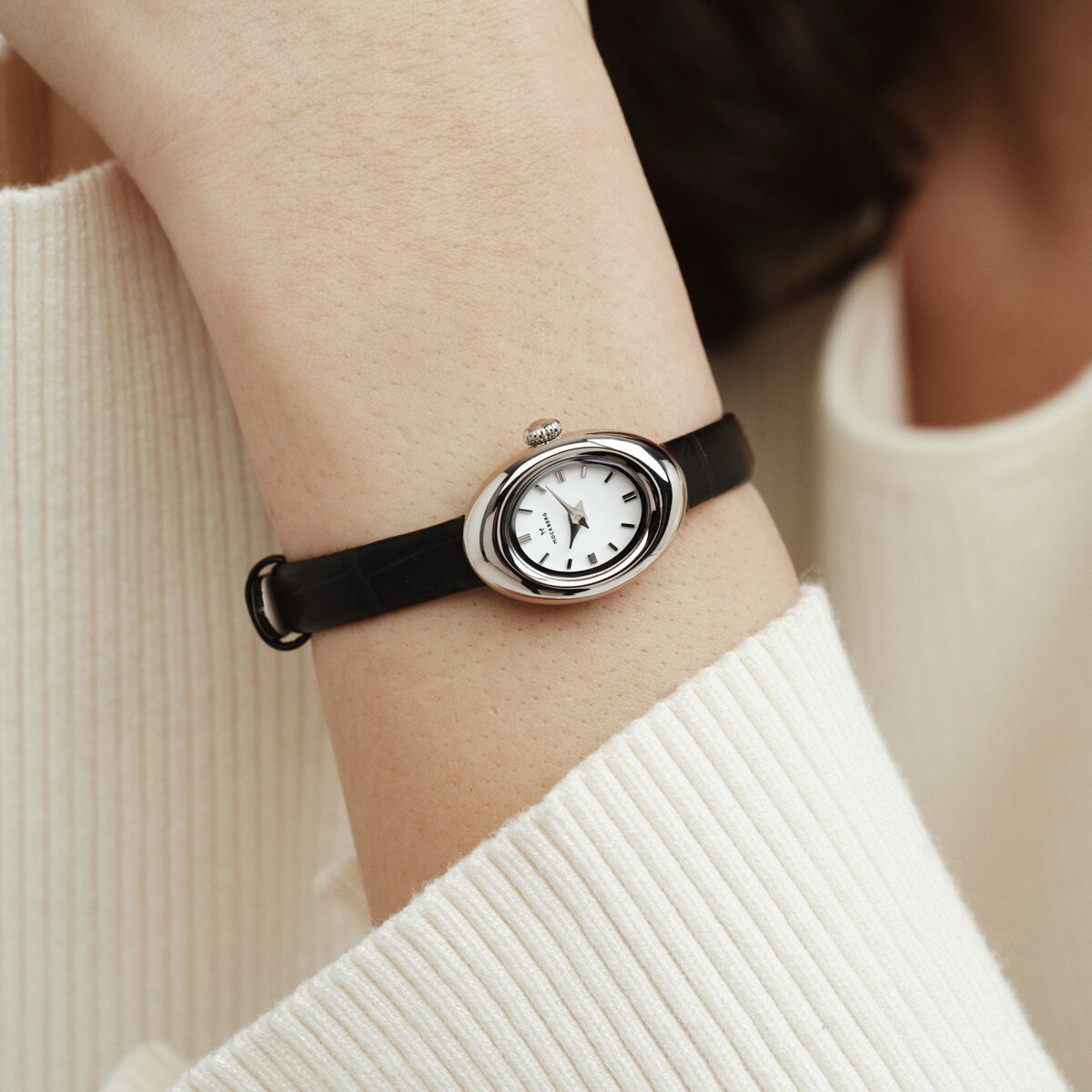 Belle Oval Petite Leather Steel Watch