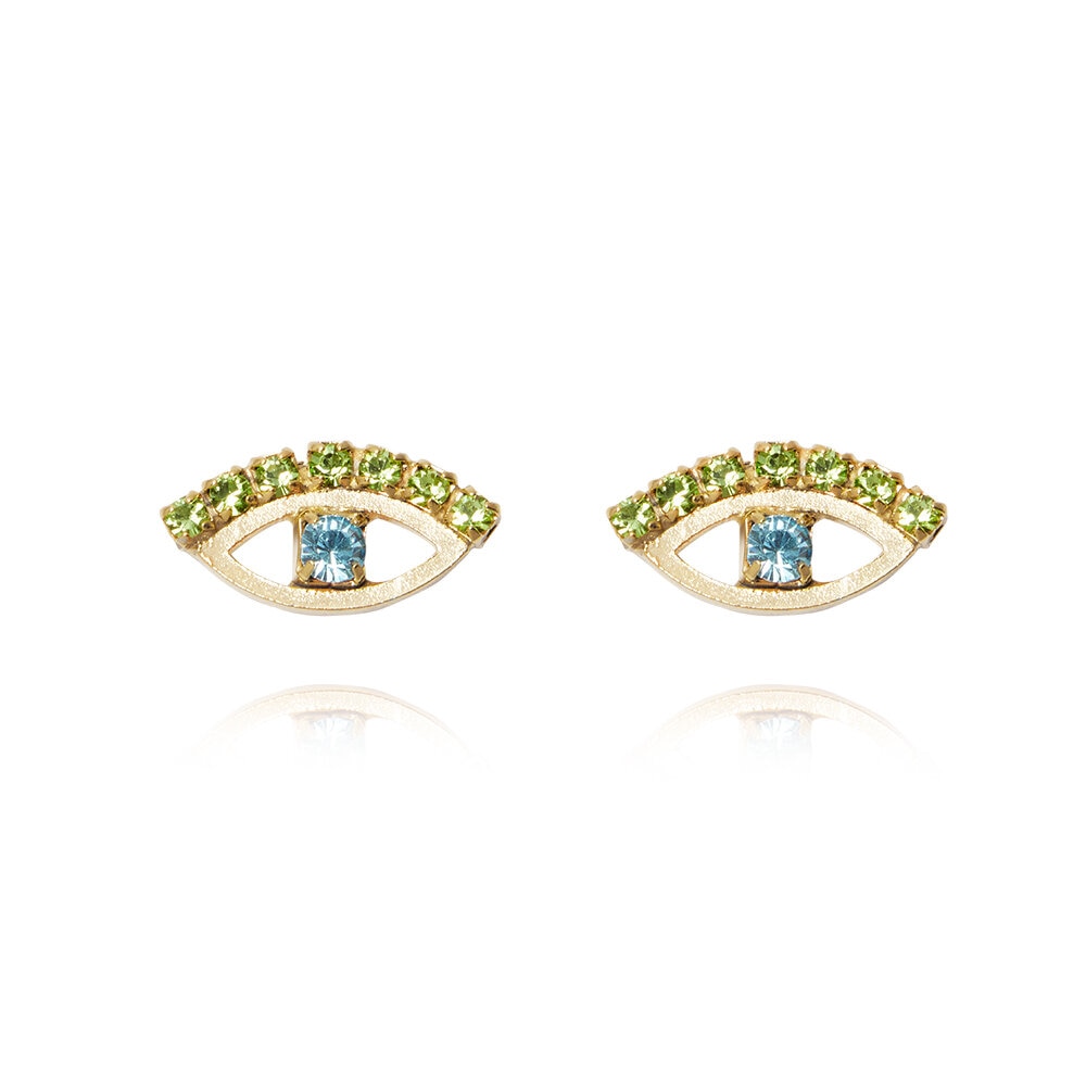 Petite Greek Eye Earrings / Green + Blue Gold
