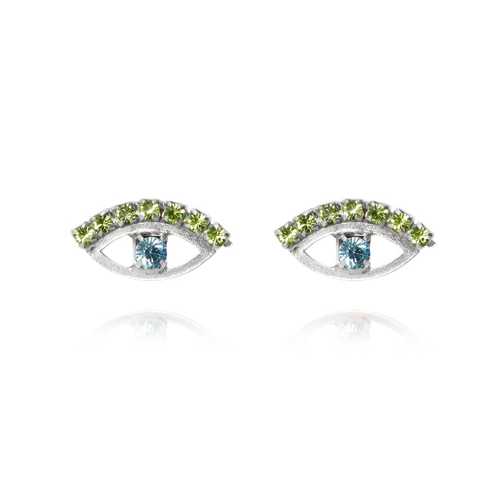 Petite Greek Eye Earrings / Green + Blue Rodium