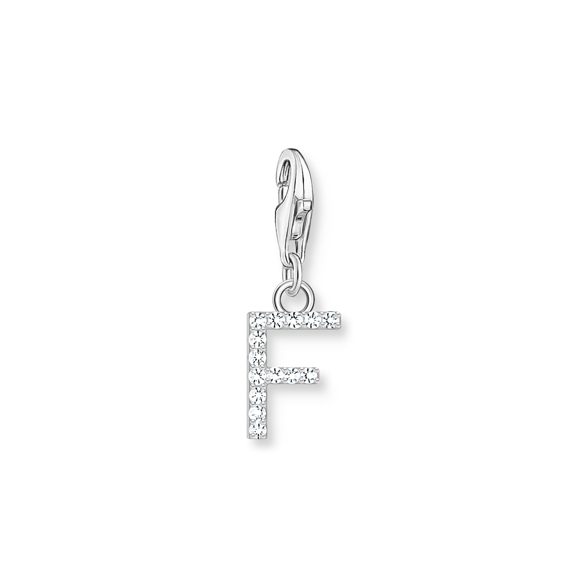 Charm-hängsmycke bokstaven F med vita stenar silver