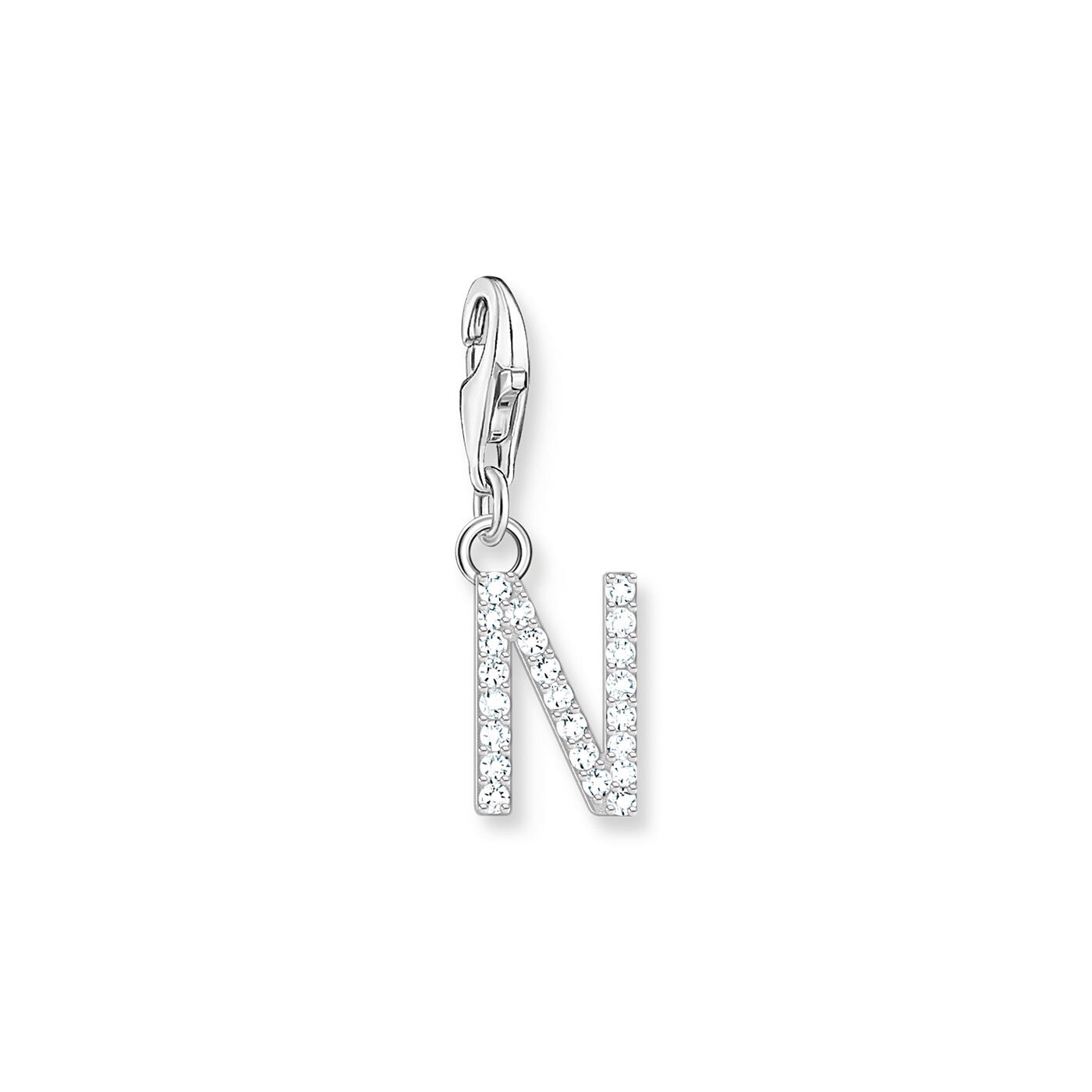 Charm-hängsmycke bokstaven N med vita stenar silver