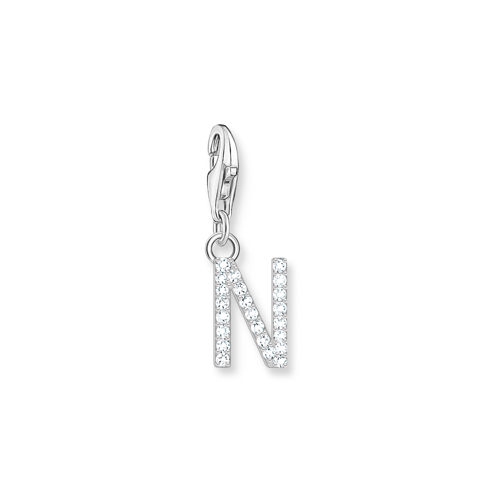 Charm-hängsmycke bokstaven N med vita stenar silver
