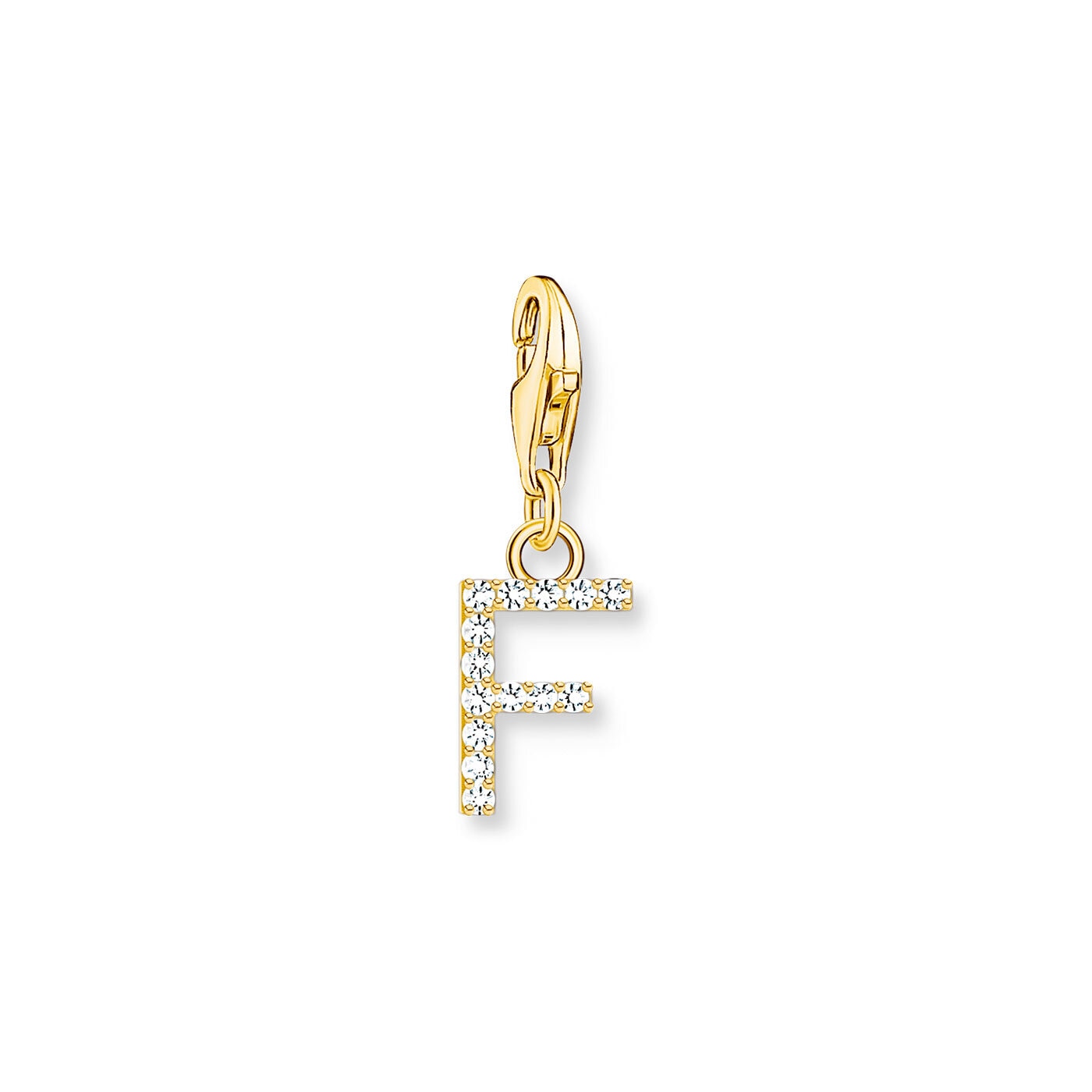 Charm-hängsmycke bokstaven F med vita stenar guldpläterad