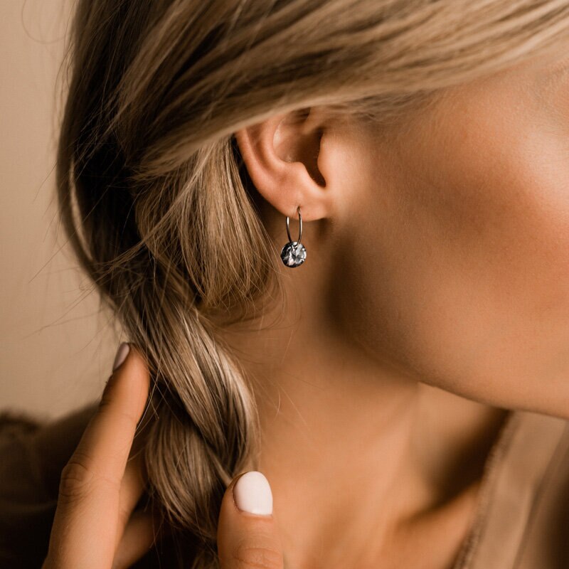 Ear Rings 14 mm Pendant Round Black diamond